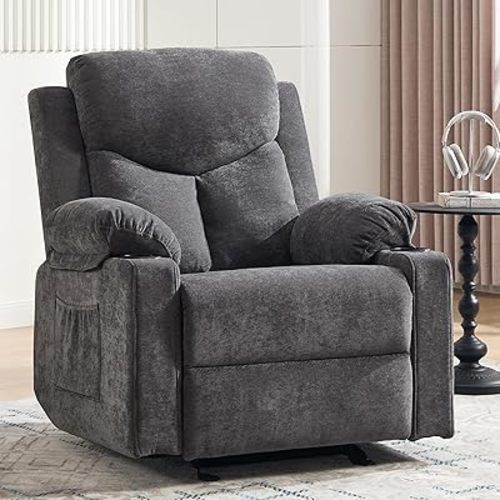 Manual Rocker Recliner Chair for Adults with Massage, Overstuffed Glider Rocking Chair with Cup Holders and Pockets for Living Room, Reclining Sofa Chair for Bedroom Nursery,Dark Grey