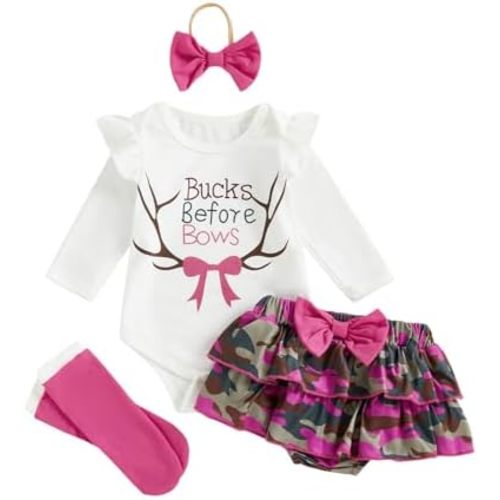 LZUBCPY Baby Girl Hunting Clothes Deer Bucks Ruffle Bodysuit Pink Camo Tutu Bloomer Shorts Socks Cute Infant Bummies Bow Set