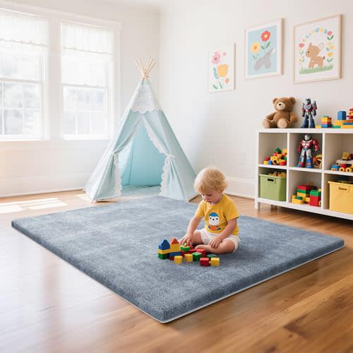 Omzer Baby Play Mat for Floor, 1.3" Thick Foam 65x50 Inch Playpen Mats Grey | Removable & Washable Cover, Soft Coral Velvet, Non-Slip Backing, Suitable Tummy Time Mat for Babies Toddlers Infants