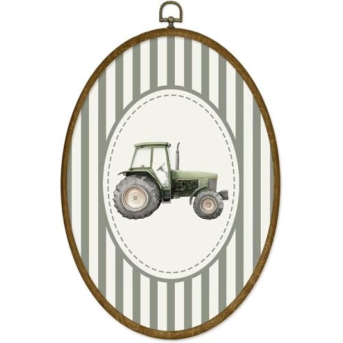 ODFGBDS Vintage Tractor Farm Nursery Oval Wall Art Decor, Kids Room Canvas Wall Art Framed, Neutral Green Striped Oval Hanging Decorations for Kids Boys Room Bedroom Playroom Home Decor, 8.6x11.4 Inch