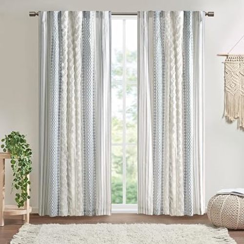 INK+IVY 100% Cotton Boho Window Curtain, Single Panel, 50x95 White/Navy