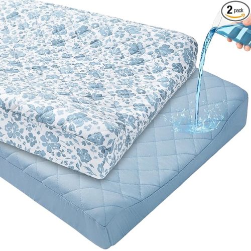FIOBEE Changing Pad Cover Waterproof 2 Pack Quilted Diaper Change Table Sheets Breathable & Ultra Soft for Newborn Baby Boys Girls Fitted Changer Pads 32"x 16", Light Blue