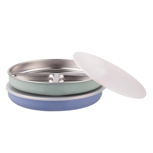 Stainless Steel Divided Plates + Silicone Sleeve and Storage Lid | Baby, Toddler, Kids | Dinner & Snack Plates | 2 Pack