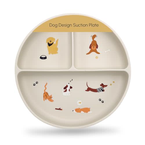 Silicone Suction Plates with Dividers - Grip Plates for Babies 6-12 Months and Toddlers 1-3, Toddler and Baby Dishes, Baby Led Weaning Essentials, Dishwasher Safe (Beige - Dogs and Cats)