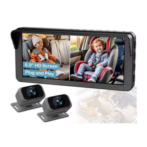 Dual Baby Car Camera for 2 Kids – 6.9” Split Screen Ultrawide HD Display with 2 Cameras, IR Night Vision, Easy Installation, Dual Car Camera Baby Monitor for Infant & Toddler Safety
