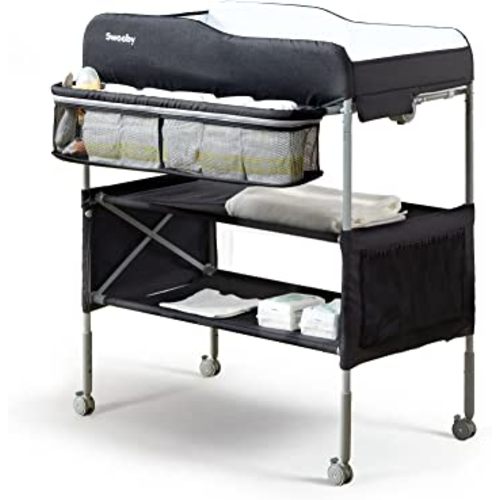 Sweeby Portable Baby Changing Table, Foldable Diaper Changing Station with Waterproof Pad, Mobile Nursery Organizer for Infant & Newborn Essentials, Black