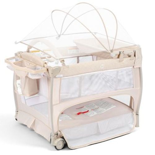 Kinder King 5-in-1 Baby Playard with Bassinet, Bedside Sleeper, Changing Table, Canopy & Side Zipper, Portable Baby Playard