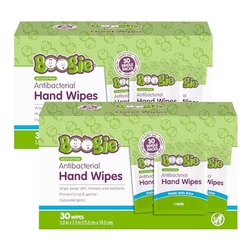 Boogie Antibacterial Hand Wipes - 60 Count - Hypoallergenic & Alcohol-Free - Individually Wrapped - Travel and Diaper Bag Essential