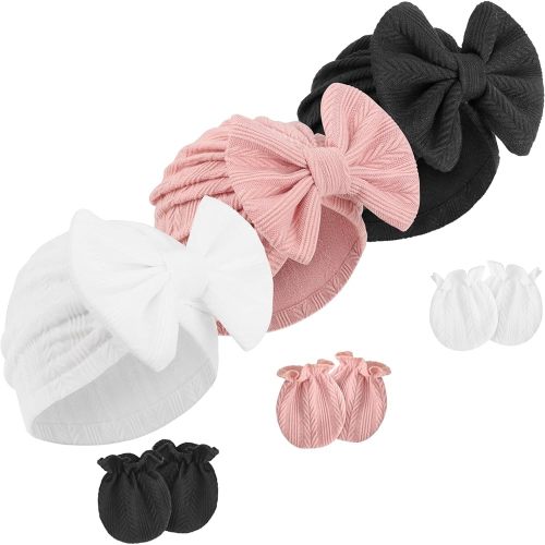 Newborn Baby Hats and Mittens Set Infant Bow Beanie Cap Toddler Gloves Newborn Hospital Hats for Baby Boy Girl 0-12 Months