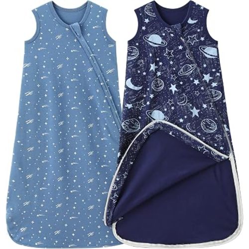 Unnivoll Baby Sleep Sack 0-6 Months 0.5 Tog Baby Wearable Blanket 100% Cotton Sleeping Sack with 2-Way Zipper for Newborn Infant Dark Blue Planet
