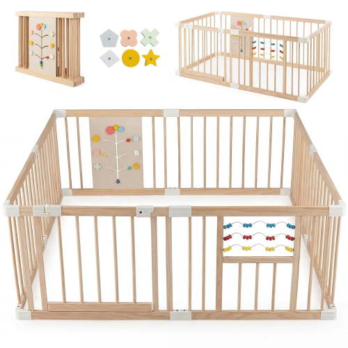 INFANS Wooden Baby Playpen with Adjustable Size & Shape, 8 Panels, Child Proof Lock, Easy to Assemble, Portable Play Yard for Babies Toddlers