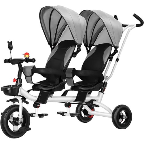 Baby Twin Kids Tricycle,360°Swivel Seat,Adjustable Carport and Seat Backrest,Can Be Turned to Push The Guardrail Parasol Convertible Stroller,Gray