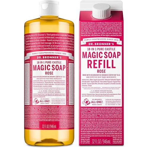 Dr. Bronner's Pure-Castile Magic Soap Liquid- Made with Regenerative Organic Certified Oils- For Body, Face, Hair, Dishes, Laundry, Vegan Bath Soaps for Men & Women, Non-GMO - Rose, 32oz + Refill