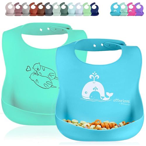 otterlove Silicone Bib – 100% Pure Platinum LFGB Baby Bibs – No Fillers – BPA and Phthalate Free (2 Bib Pack Blue Whales & Green Otters)