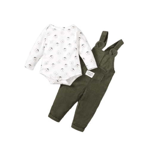 Mikrdoo Baby Boys Clothes Boys OOTD 3 Months Newborn Boys Bear Print Romper 6 Months Baby Boys Pocket Straps Suspender Pants 2Pcs Outfits White