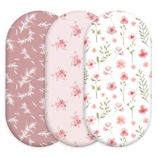 Civarua Kids Floral Bassinet Sheets Girl 3 Pack, Breathable Cozy Fitted Mattress Sheet, Elastic Travel Bassinet Fashionable, Standard Cradle Safe Sheets for Baby Boy Girls 32" x 16"