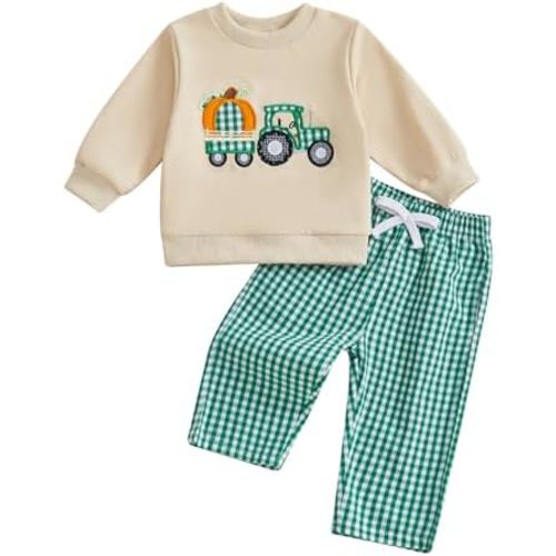 Toddler Baby Boy Thanksgiving Outfit Turkey Crewneck Sweatshirt Long Sleeve Shirt Plaid Pants Cute Fall Clothes