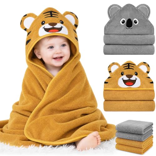 6 PCS Baby Bath Towels for Infants Toddlers Essentials, Yellow | 2 PCS Baby Towels & 4 PCS Washcloths Set, Cute Animal Hooded, Ultra Absorbent & Soft, Newborn Shower Gifts for Boys & Girls