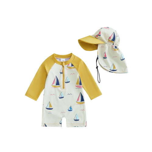 Loicainy Toddler Baby Kids Boy Rash Guard Swimsuit with Hat 3 6 12 18 24 Months 2T 3T 4T 5T Sailboat Print Zip Up Long Sleeve Crew Neck Swimwears