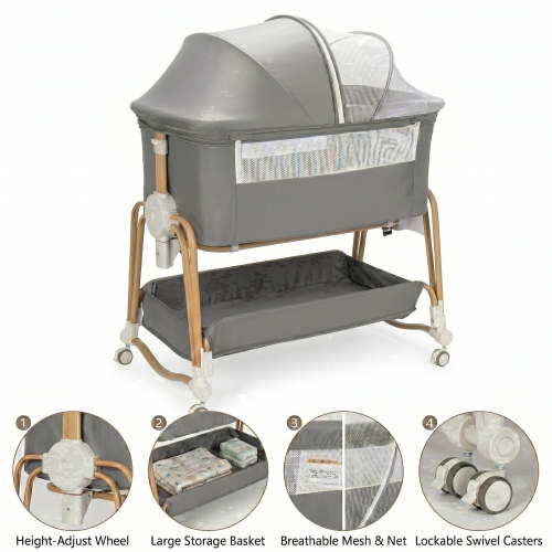 suihuooo 4-in-1 Rocking Baby Bassinet with Wheels and Storage Basket 7 Height Adjustable Mosquito Net for Newborn,Gray