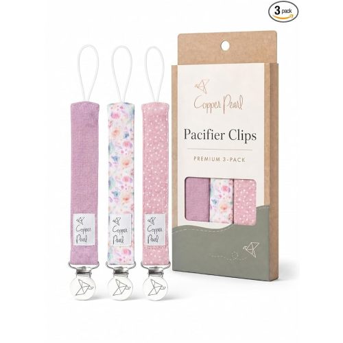 Copper Pearl Premium Knit Pacifier Clips 3-Pack: Stylish Stainless Steel Holders for Baby Girls and Boys - Prevents Floor Drops - Bloom Design