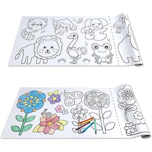 Adventure Awaits! 10 ft Adhesive Coloring Book Paper Roll Set | 2 Pack: Animals Design Roll & Flowers Design Roll | Perforated in 20 Inch Sections