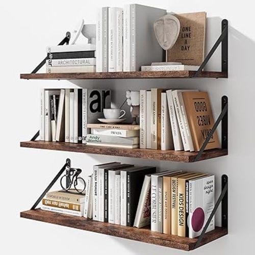 Floating Shelves for Wall, 24W x 8D Wide Bookshelf with Brackets Set of 3, Wood Wall Mounted Shelves for Living Room, Kitchen, Bathroom, Bedroom and Decor Storage(Rustic Brown)