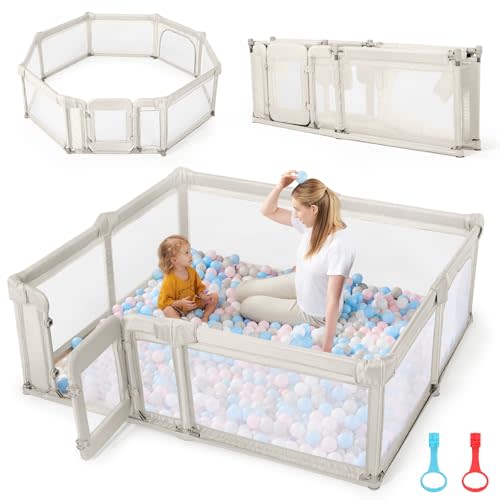 Sweeby Foldable Playpen, Gate for Babies and Toddlers 79x71 Extra Large Play Yard With Door, Fence With Mat and Indoor Play Pen, Light Khaki