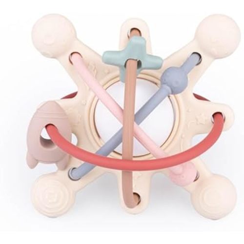 Cosmo Silicone Baby Rattle Teether – Multicolor | BPA-Free 3D Sensory Teething Toy | Multi-Textured Chewable Arms & Pullable Rings | Food Grade Silicone | Developmental Grip Toy 3-36 Months