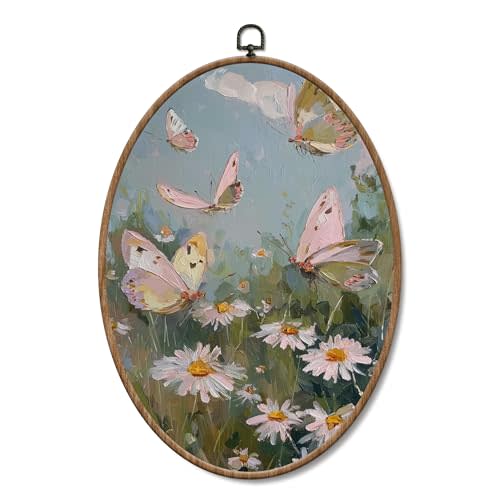 Yorhifa Pastel Butterfly Framed Wall Art, Rustic Spring Daisy Meadow Oval Wall Art, Cottagecore Flower Botanical Oval Walls Decor, Country Landscape Canvas Artwork Hanging Decor, 8.5x11.5in