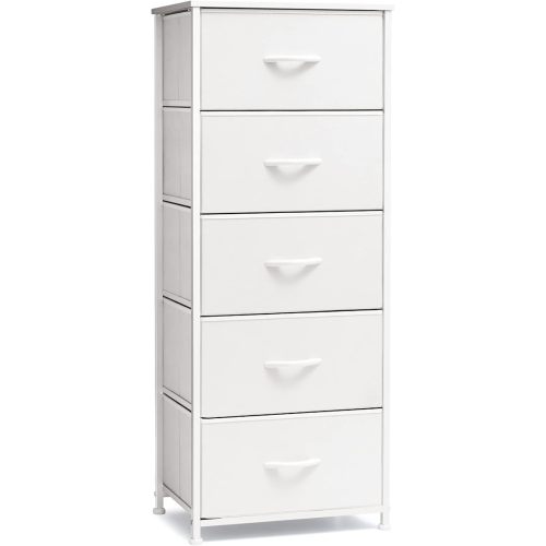 Crestlive Products Tall Dresser Vertical Storage Tower - Sturdy Steel Frame, Wood Top, Easy Pull Fabric Bins - Organizer Unit for Bedroom, Hallway, Entryway, Closets - 5 Drawers(White)