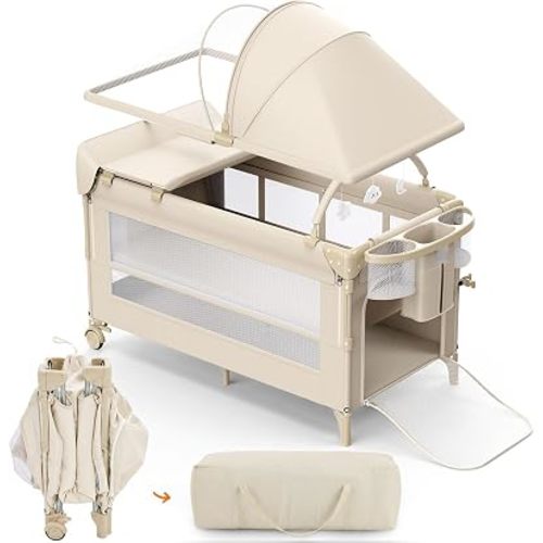4 in 1 Foldable Pack and Play with Bassinet and Changing Table, Bedside Crib Sleeper with Mattress, Mosquito Net and Toy Bar for Newborn to Toddler, Beige