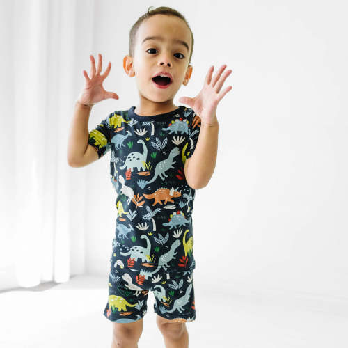 Navy Jurassic Jungle Two-Piece Short Sleeve & Shorts Pajama Set – Little Sleepies