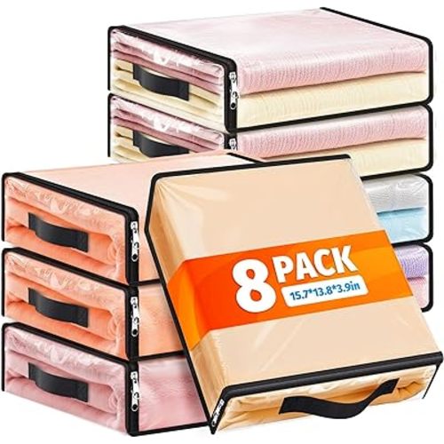 SpaceWhisper 8 Pack Clear Storage Bags, Plastic Blanket Storage Bags with Zipper and Handle, Moving Bags for Comforter, Bedding & Clothes, Closet Organizer and Under Bed Storage (15.7x13.8x3.9 Inch)