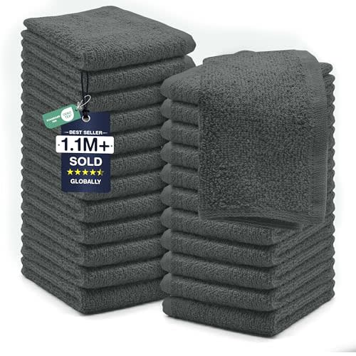 DAN RIVER 24 Pack Wash Cloths for Showering [12x12] - 100% Cotton Washcloths Premium Quality Flannel Face Cloths for Bathroom, Highly Absorbent and Soft Feel Wash Clothes, Gray