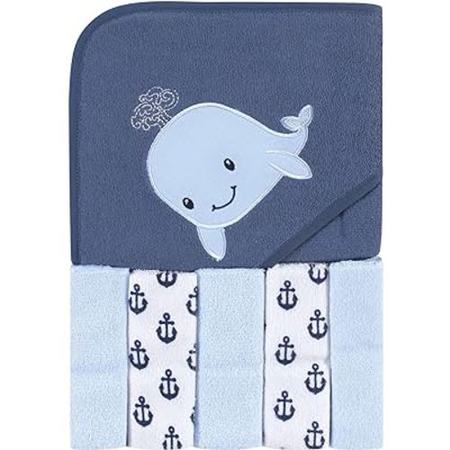 Hudson Baby Unisex Baby Hooded Towel and Five Washcloths, Sailor Whale, One Size