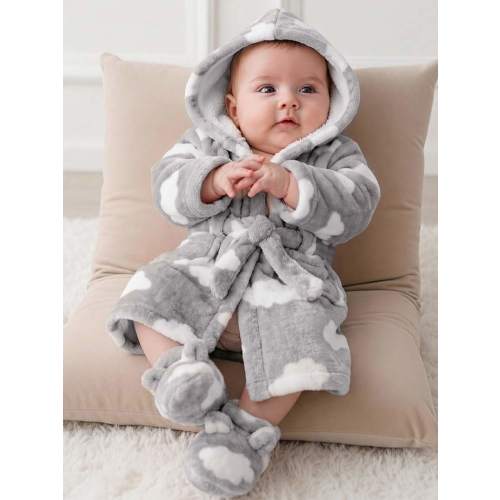 Newborn Baby Boy/Girl Cartoon Clouds Pattern Fleece Thick Hooded Long Sleeve Tie-Front Robe Autumn Winter | SHEIN USA