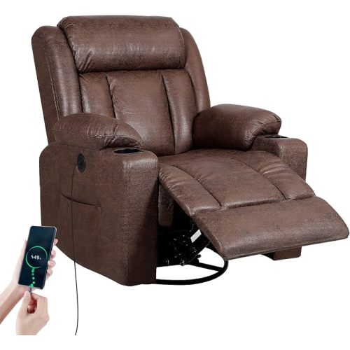 Retro Rocking Recliner Chair, Massage Rocker Recliner Chair with Vibration Massage and Heat, USB and Type-C Ports,360° Swivel Chairs,Living Room, Bedroom, Nursery, RV, Brown