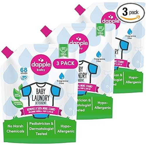 Dapple Baby Laundry Detergent, Powered by Plants, Concentrated, Hypoallergenic, Fragrance Free, Eco-Friendly Pouch, Stain Remover, 34 Fl Oz (3 Pack)