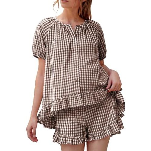 BLENCOT Maternity Clothes Button Down Checkered Cotton Sleepwear Pregnancy Pajamas Sets 2 Piece Lounge Set