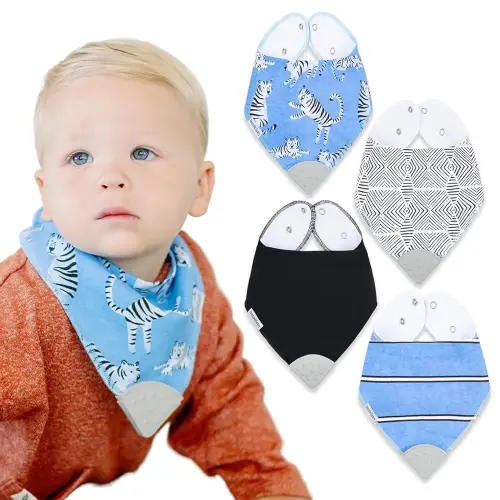 Bazzle Baby Bandana Teething Bibs 4-Pack – Cotton Drool Bibs for Boys & Girls, Silicone Teether for Teething Relief, Adjustable & Absorbent Baby Bibs for Drooling (Zion)