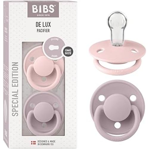 BIBS Pacifiers OneSize | 2-Pack Soothers | BPA-Free Symmetrical Nipple | Made in Denmark | Blossom/Dusky Lilac De Lux Pacifier