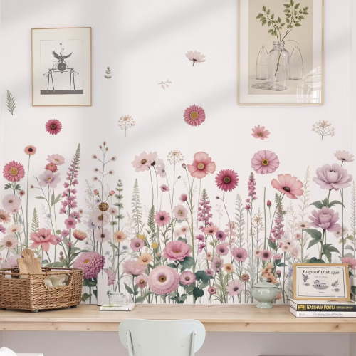 Pink Flower Wall Decal Flower and butterfly wall stickers DIY Peel and Stick, Vinyl Wildflower Wall Stickers, Floral Wall Decor Art Home Decoration for Living Room Bedroom