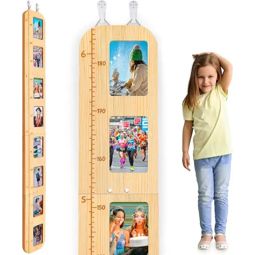 Basumee Growth Chart for Kids Wood Height Chart for Kids with Photo Frames Height Measurement for Wall Girls Boys Teen Room Wall Decor