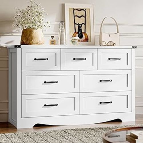 7-Drawer Dresser for Bedroom, Modern Wooden Chest of Drawers with Metal Handles, Anti-Tipping Design, Sturdy and Stable Storage Organizer for Living Room, Entryway, Home Office