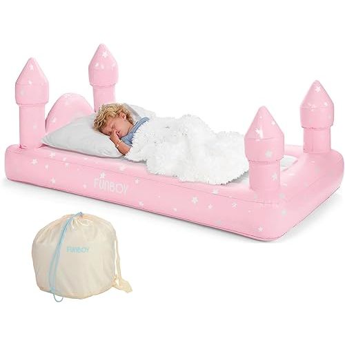 FUNBOY Kids Pink Castle Sleepover Travel Bed & Air Mattress. Perfect for Sleepovers. Includes Carrying Storage Bag, Twin