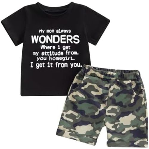 wdehow Toddler Kids Baby Boy Summer Clothes Sets 1T 2T 3T 4T 5T Letter Print Short Sleeve Tops Camouflage Shorts Outfits