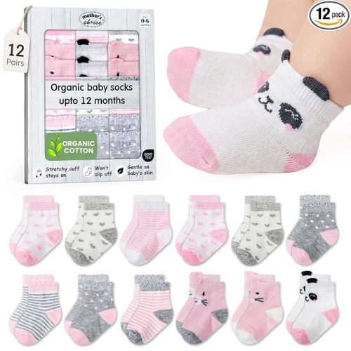 Organic Cotton Blend 12 Warm Baby Socks Infant Unisex 0-6 Months | Oeko-Tex Certified, Ankle Socks, 12 Pairs, Shoe Socks Baby, Long Socks For Baby Girl, Pink with Animal Design, Unisex