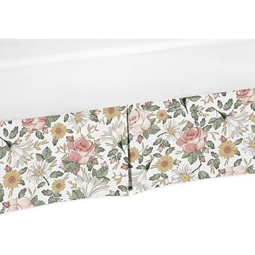 Sweet Jojo Designs Vintage Floral Boho Girl Pleated Baby Nursery Crib Bed Skirt Dust Ruffle - Blush Pink, Yellow, Green and White Shabby Chic Rose Flower Farmhouse