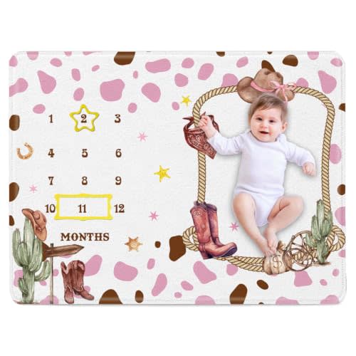Cowgirl Baby Milestone Blanket, Pink Cow Print Western Monthly Growth Mat with 2 Photo Frames, Newborn Photography Prop, Baby Girl Shower Decorations and Nursery Keepsake